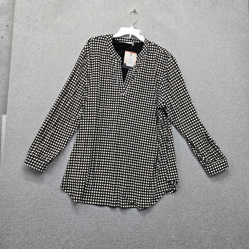 Anne Klein Women Blouse 3X Black White Polka Dot Tunic Long Sleeve V Neck NWT